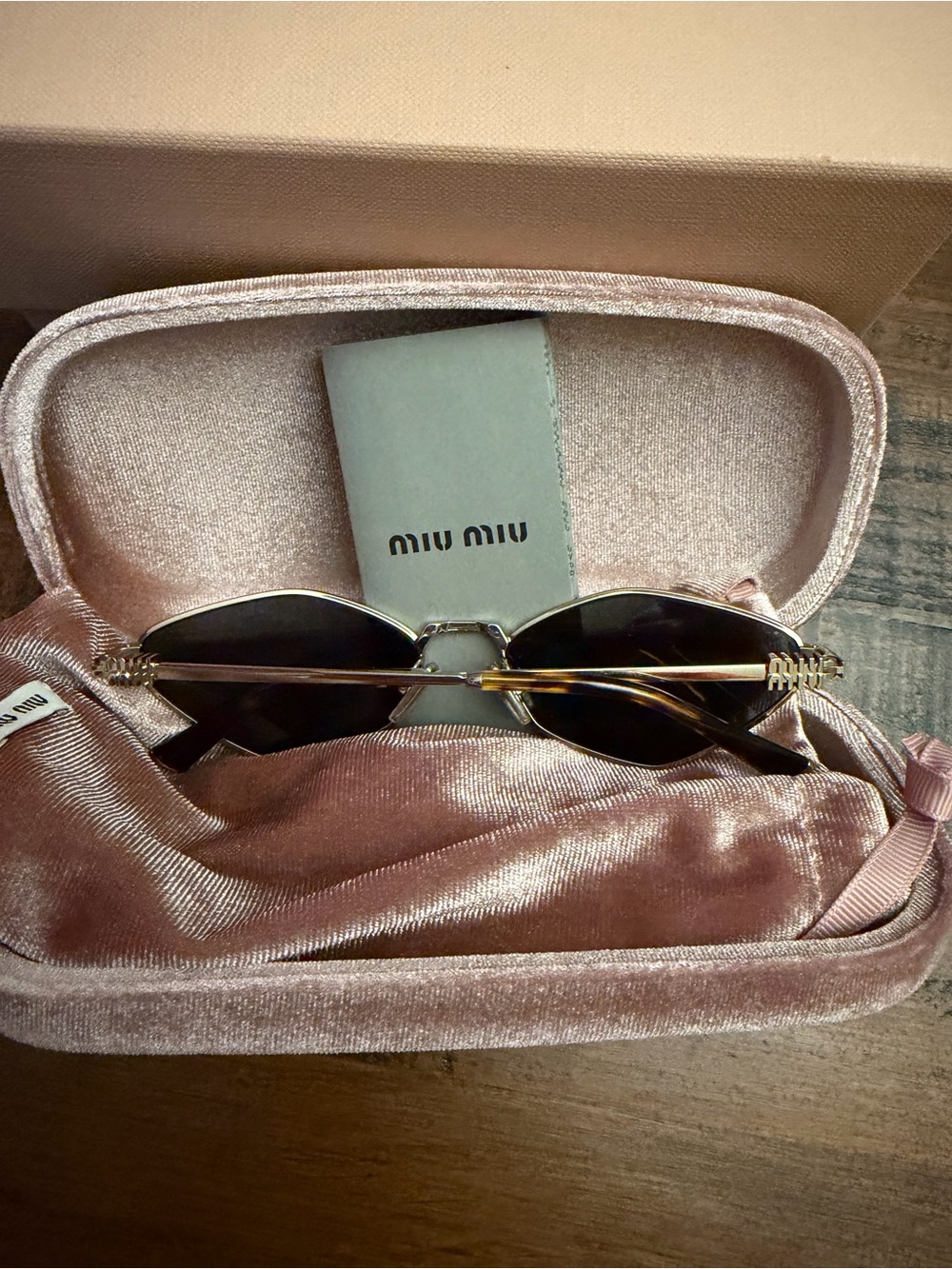Miu Miu Gold Frame Black Lens Sunglasses with Pink Velvet Case - Picture 3 of 6